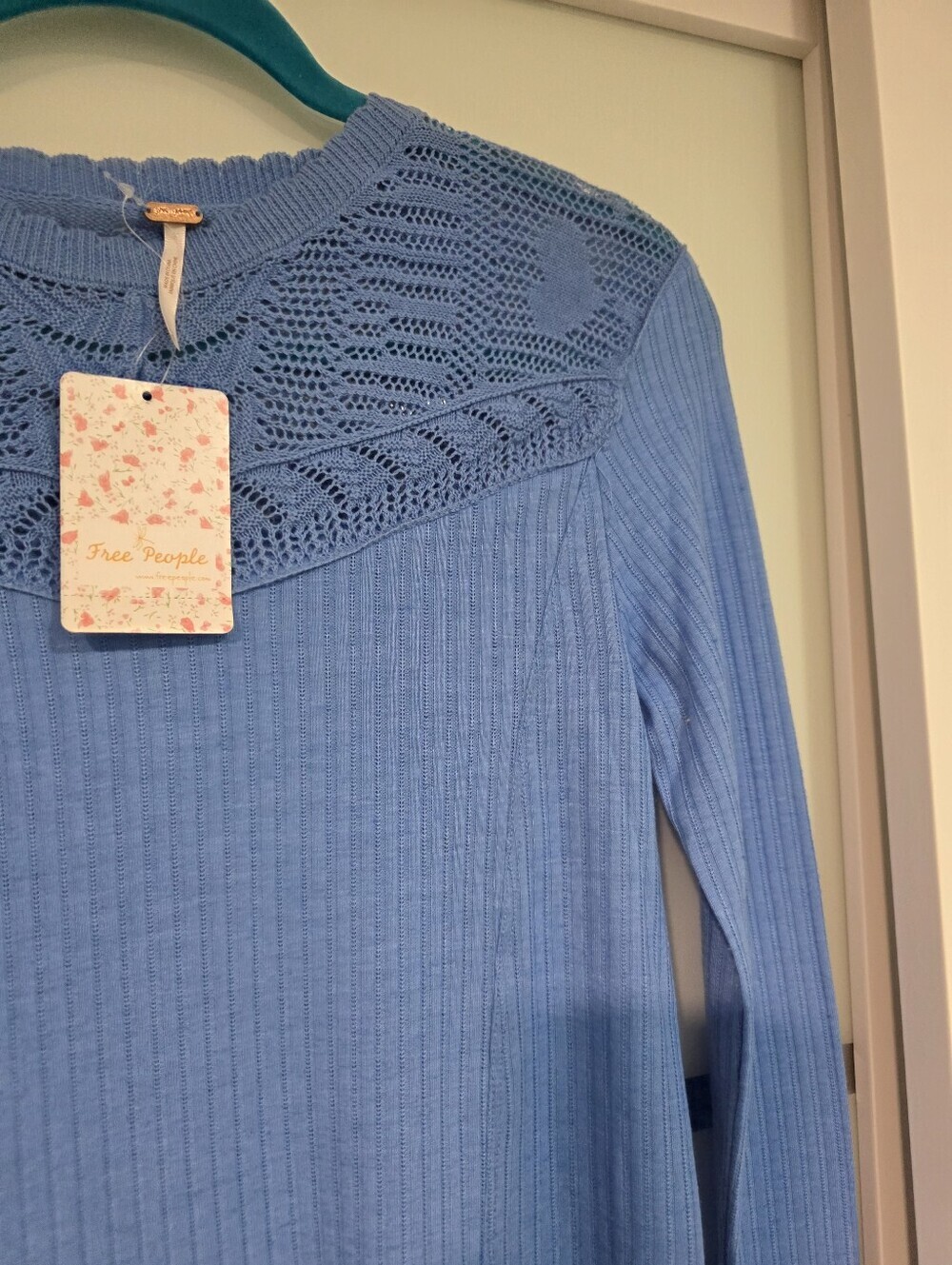 Free People Colette Blue Pointelle Ribbed Knit Sweater XS NWT - Picture 7 of 16